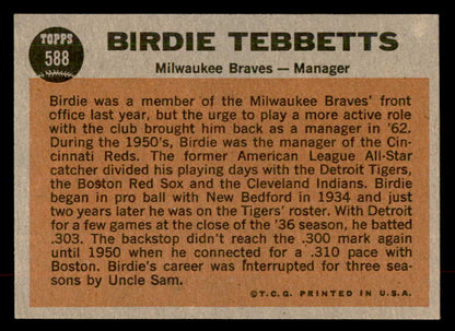1962 Topps Baseball #588 Birdie Tebbetts Braves EX-MT 553520