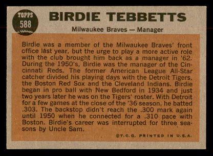 1962 Topps Baseball #588 Birdie Tebbetts Braves EX+/EX-MT 553521