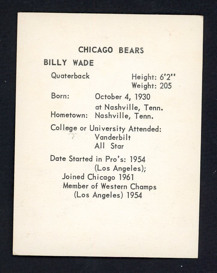 1963 Kahns Football Bill Wade Bears EX 553538
