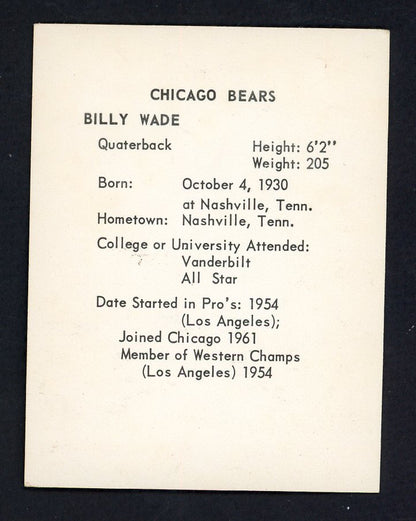 1963 Kahns Football Bill Wade Bears EX 553538