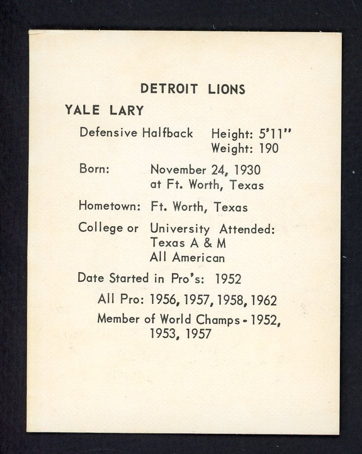 1963 Kahns Football Yale Lary Lions EX 553541
