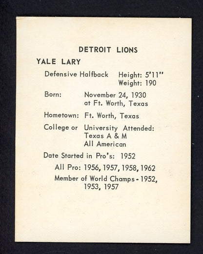 1963 Kahns Football Yale Lary Lions EX 553541