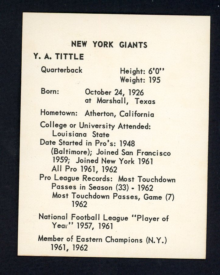 1963 Kahns Football Y.A. Tittle Giants EX 553544