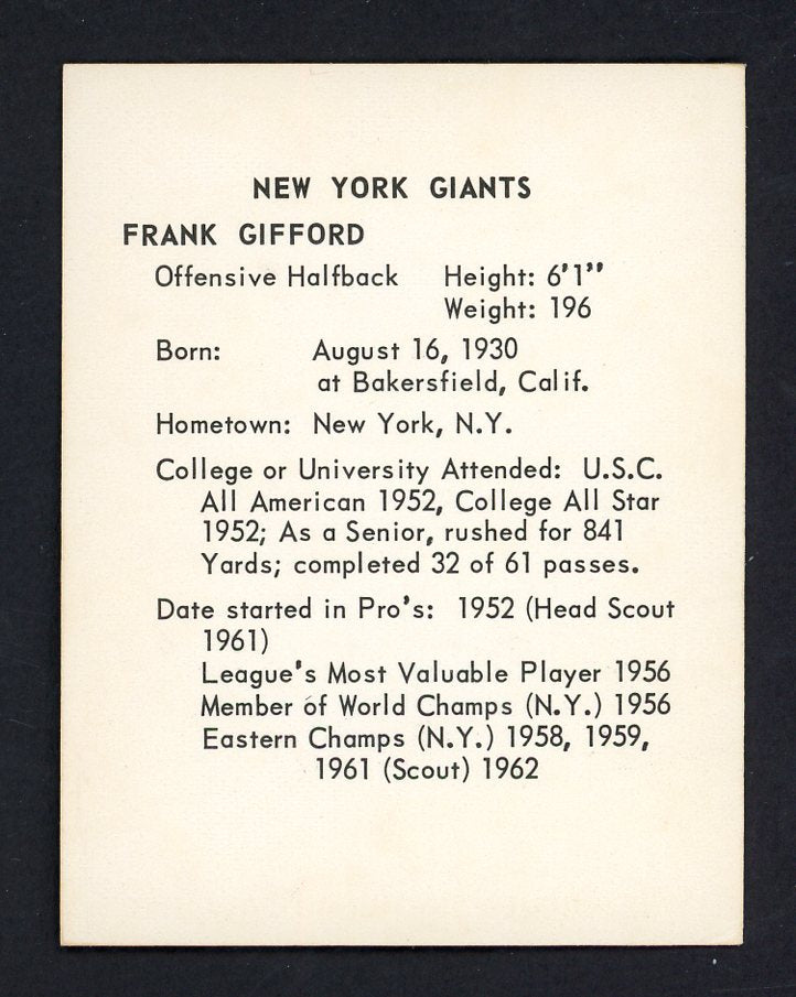 1963 Kahns Football Frank Gifford Giants EX 553546