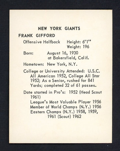 1963 Kahns Football Frank Gifford Giants EX 553546