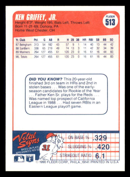1990 Fleer #513 Ken Griffey Jr Mariners NR-MT 553578