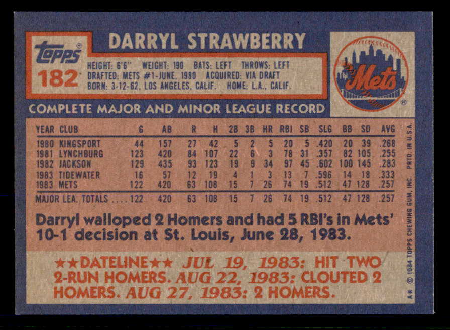 1984 Topps #182 Darryl Strawberry Mets NR-MT 553581