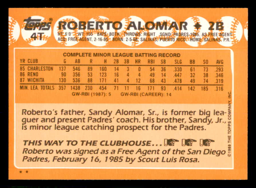 1988 Topps Traded #004T Roberto Alomar Padres NR-MT 553585