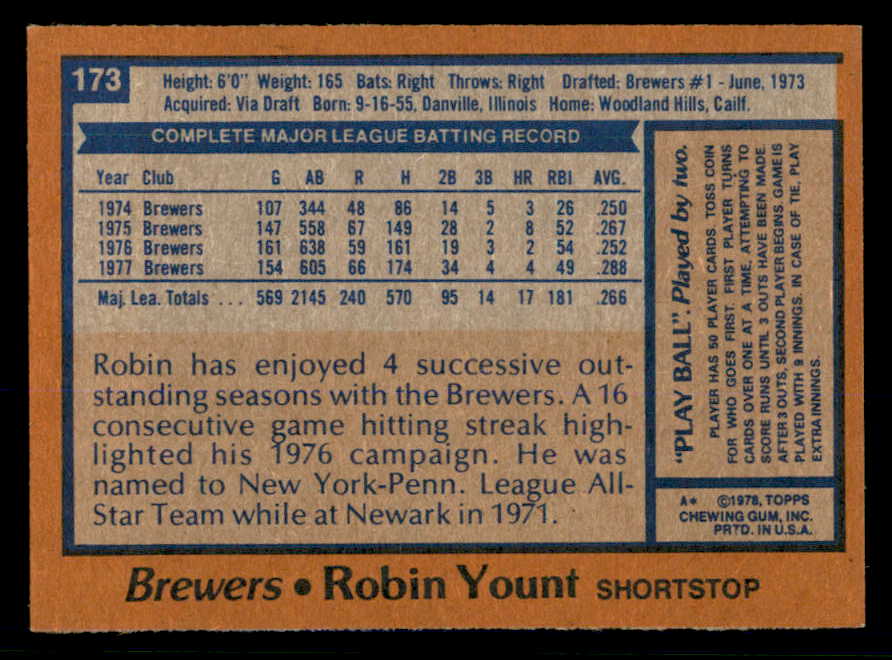 1978 Topps Baseball #173 Robin Yount Brewers NR-MT 553605