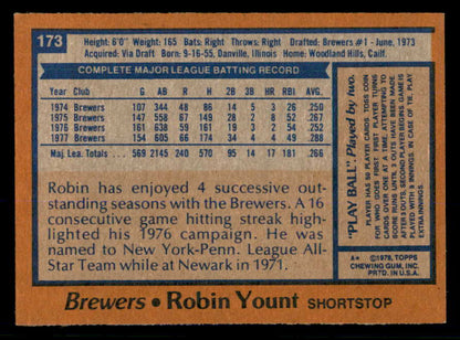 1978 Topps Baseball #173 Robin Yount Brewers NR-MT 553605