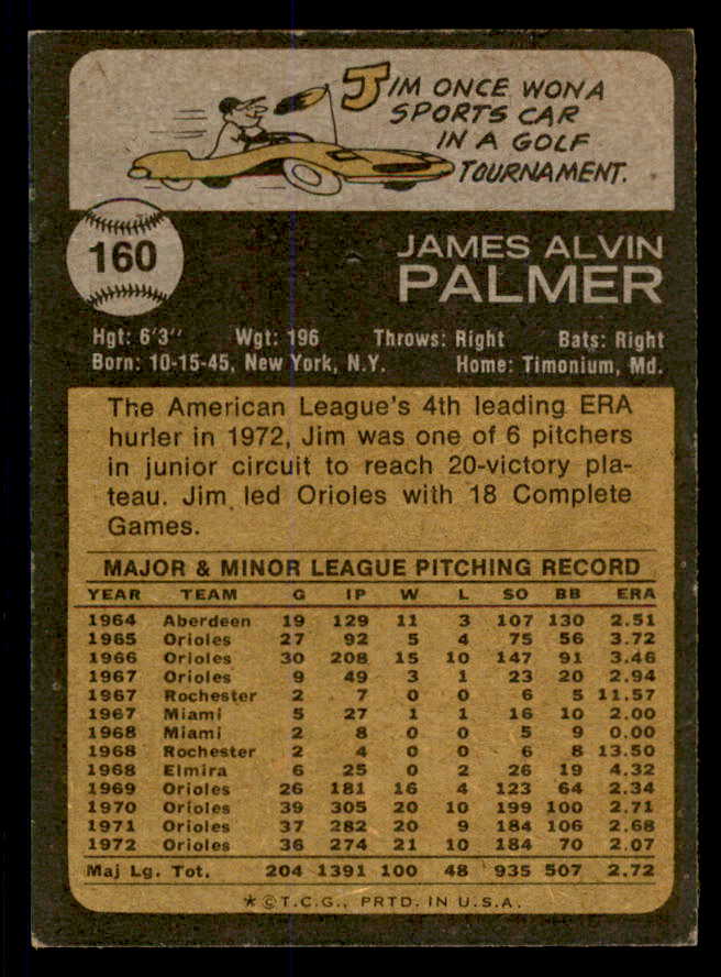 1973 Topps Baseball #160 Jim Palmer Orioles VG-EX 553637