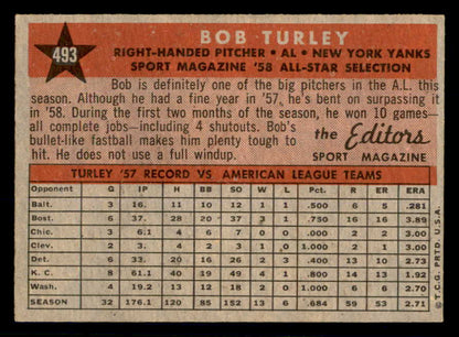 1958 Topps Baseball #493 Bob Turley A.S. Yankees NR-MT 553647