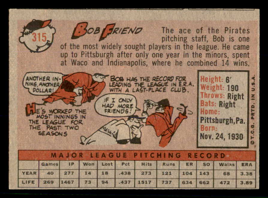 1958 Topps Baseball #315 Bob Friend Pirates NR-MT 553649