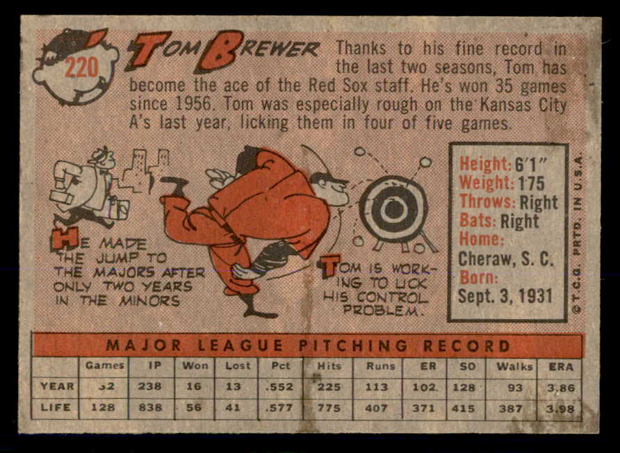1958 Topps Baseball #220 Tom Brewer Red Sox NR-MT 553656