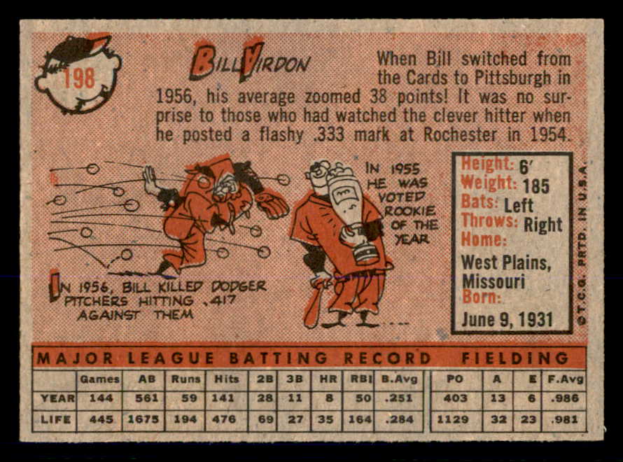 1958 Topps Baseball #198 Bill Virdon Pirates NR-MT 553660