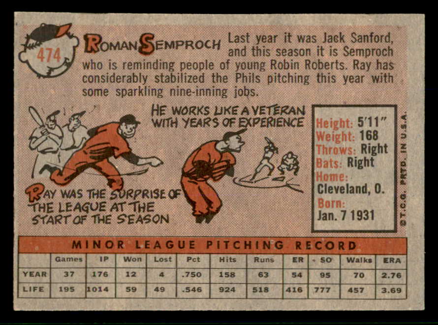 1958 Topps Baseball #474 Roman Semproch Phillies NR-MT 553679