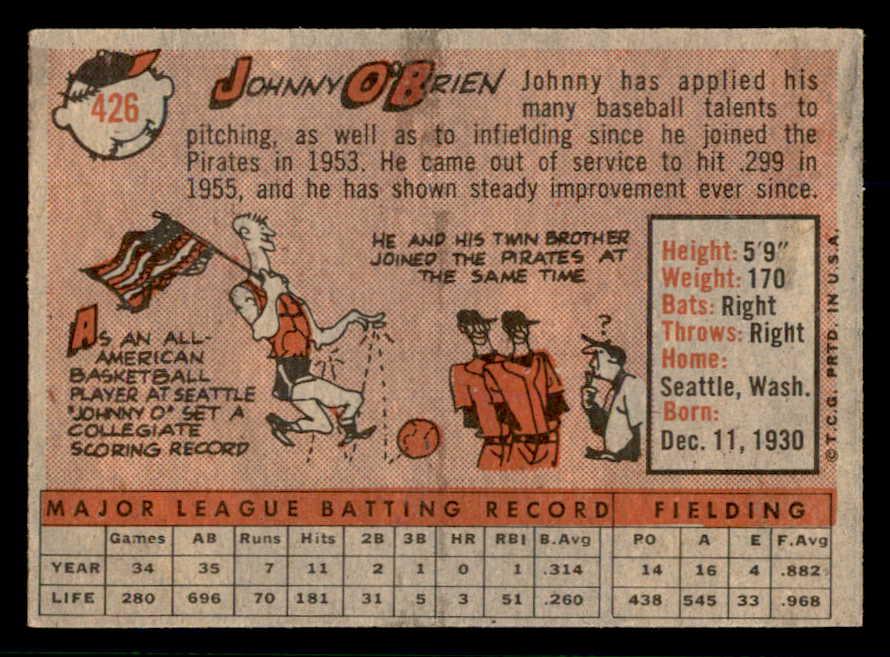 1958 Topps Baseball #426 Johnny O'Brien Pirates NR-MT 553686