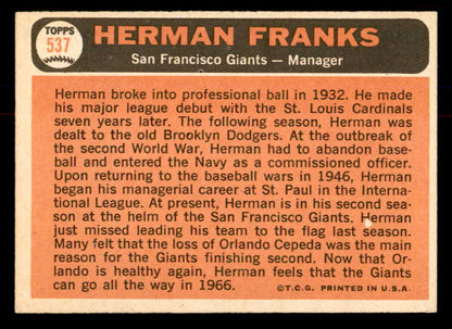 1966 Topps Baseball #537 Herman Franks Giants EX-MT 553722