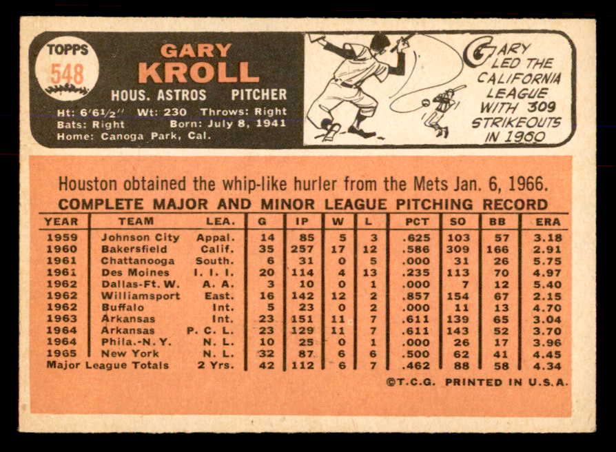 1966 Topps Baseball #548 Gary Kroll Astros EX+/EX-MT 553745