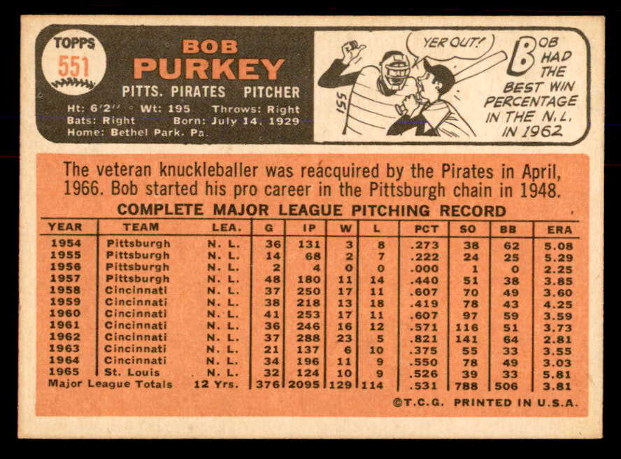 1966 Topps Baseball #551 Bob Purkey Pirates NR-MT 553749