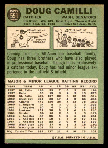 1967 Topps Baseball #551 Doug Camilli Senators VG-EX 553970