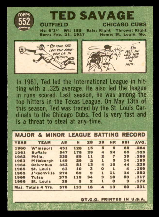 1967 Topps Baseball #552 Ted Savage Cubs NR-MT 553977