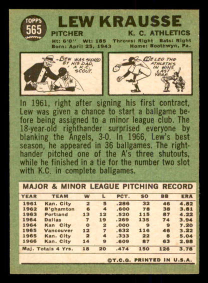 1967 Topps Baseball #565 Lew Krausse A's NR-MT 554065