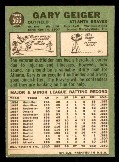 1967 Topps Baseball #566 Gary Geiger Braves EX-MT 554075