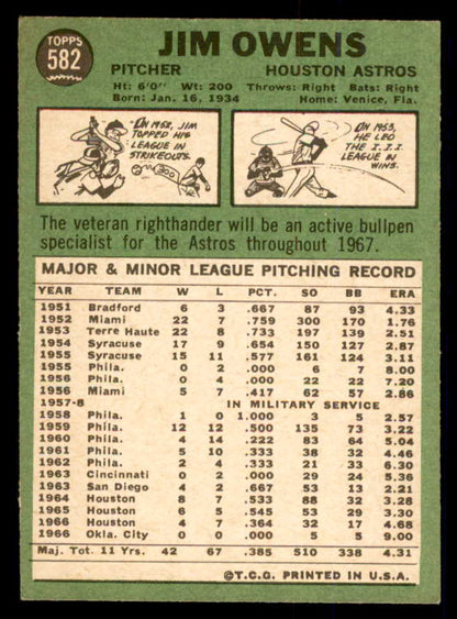 1967 Topps Baseball #582 Jim Owens Astros EX 554168