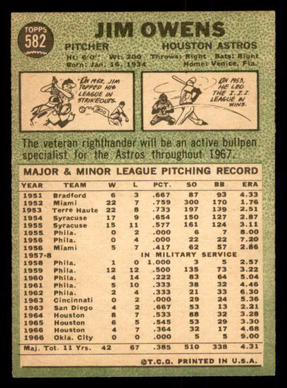 1967 Topps Baseball #582 Jim Owens Astros EX 554169