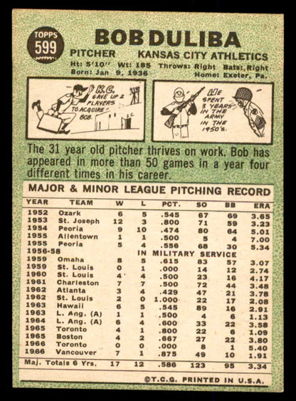 1967 Topps Baseball #599 Bob Duliba A's EX 554291