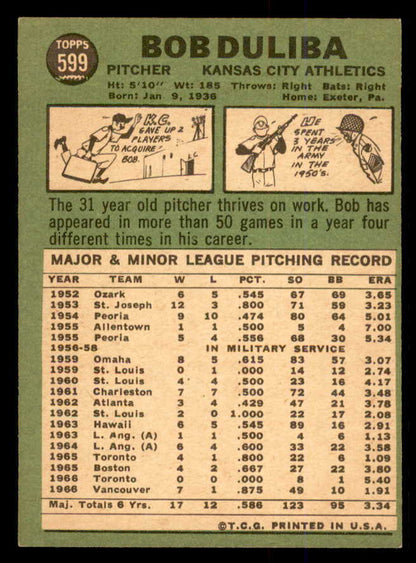 1967 Topps Baseball #599 Bob Duliba A's EX 554292