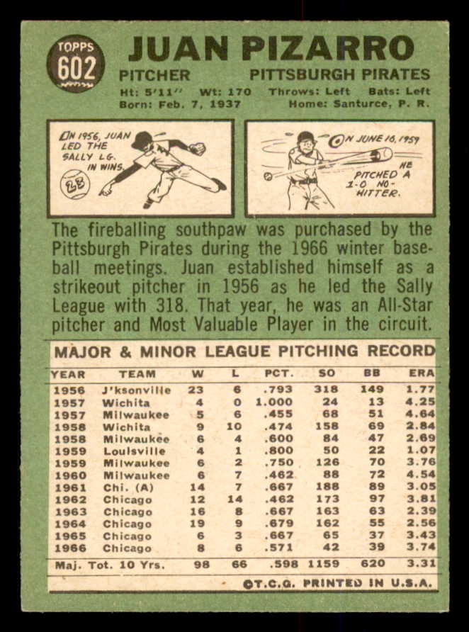 1967 Topps Baseball #602 Juan Pizarro Pirates EX-MT 554309