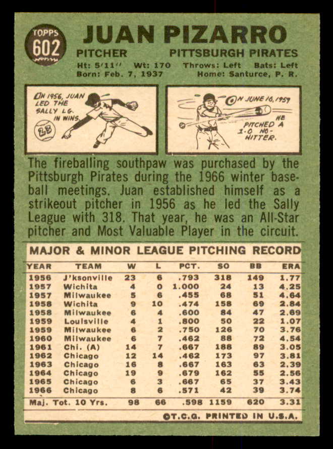 1967 Topps Baseball #602 Juan Pizarro Pirates EX+/EX-MT 554310