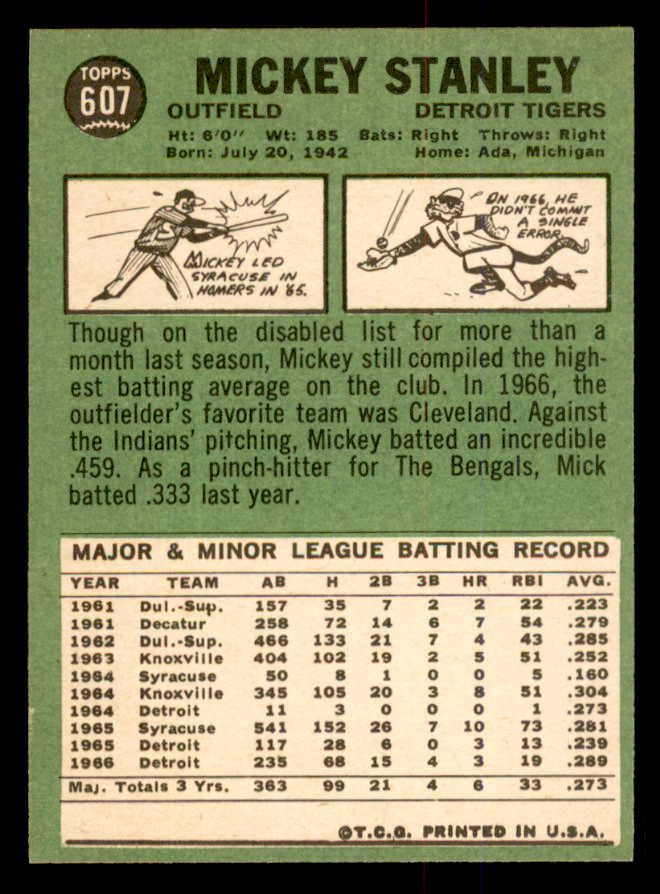 1967 Topps Baseball #607 Mickey Stanley Tigers NR-MT 554334