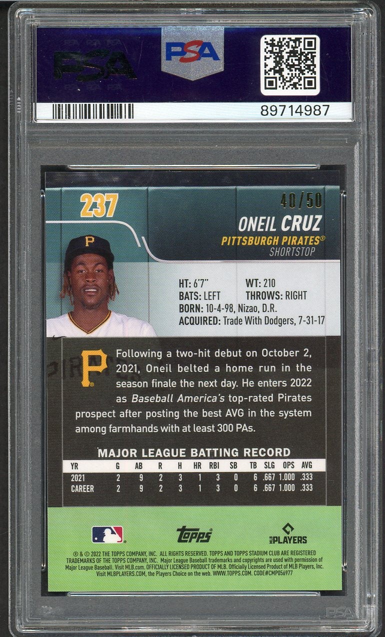 2022 Stadium Club Chrome Refractor #237 Oneil Cruz Pirates PSA 10 GEM MINT Gold 554360