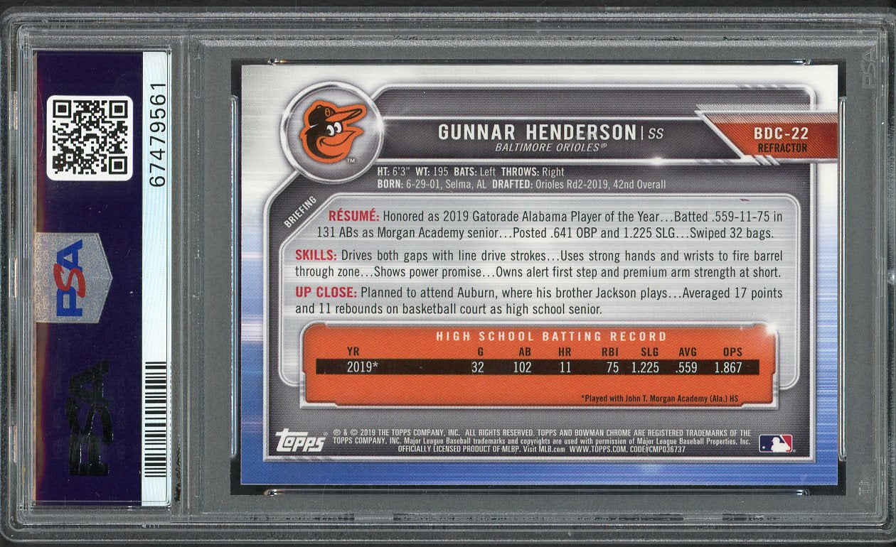 2019 Bowman Draft Chrome Refractor #BDC22 Gunnar Henderson Orioles PSA 10 GEM MINT 554361