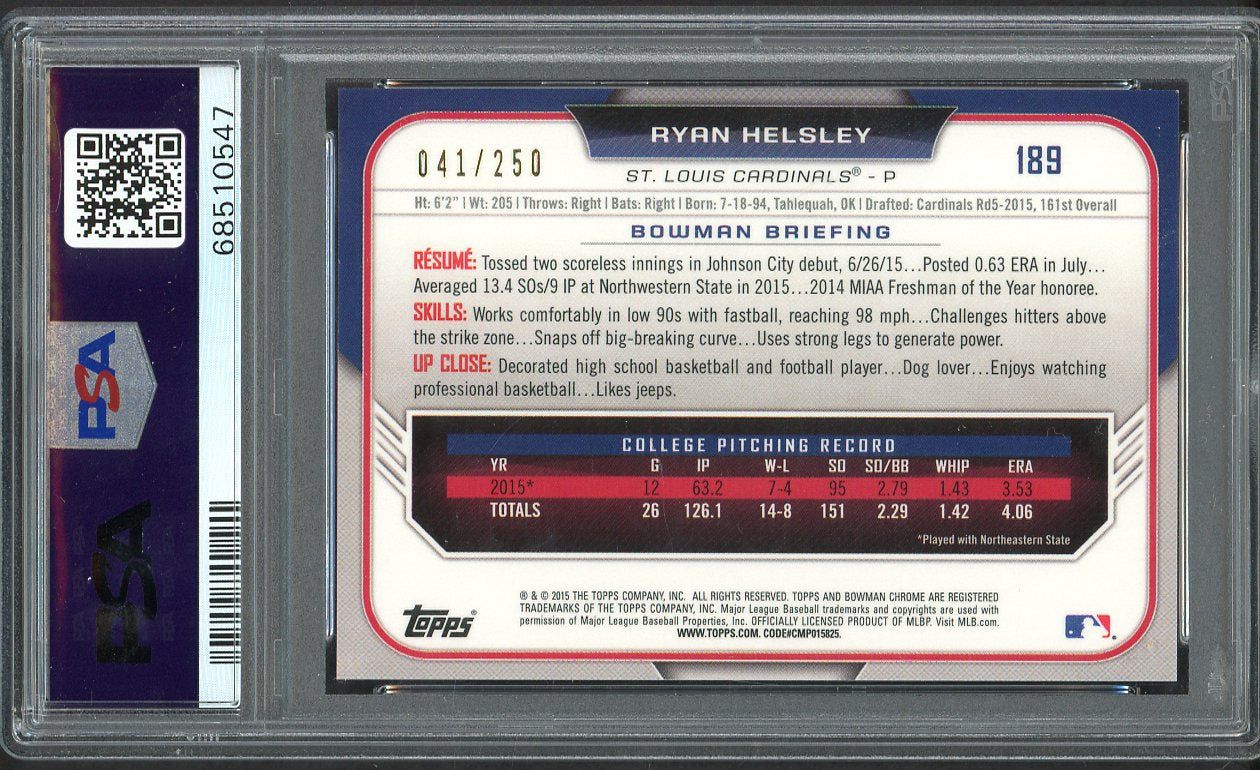 2015 Bowman Draft Chrome Refractor #189 Ryan Helsley Cardinals PSA 9 MINT Purple 554365