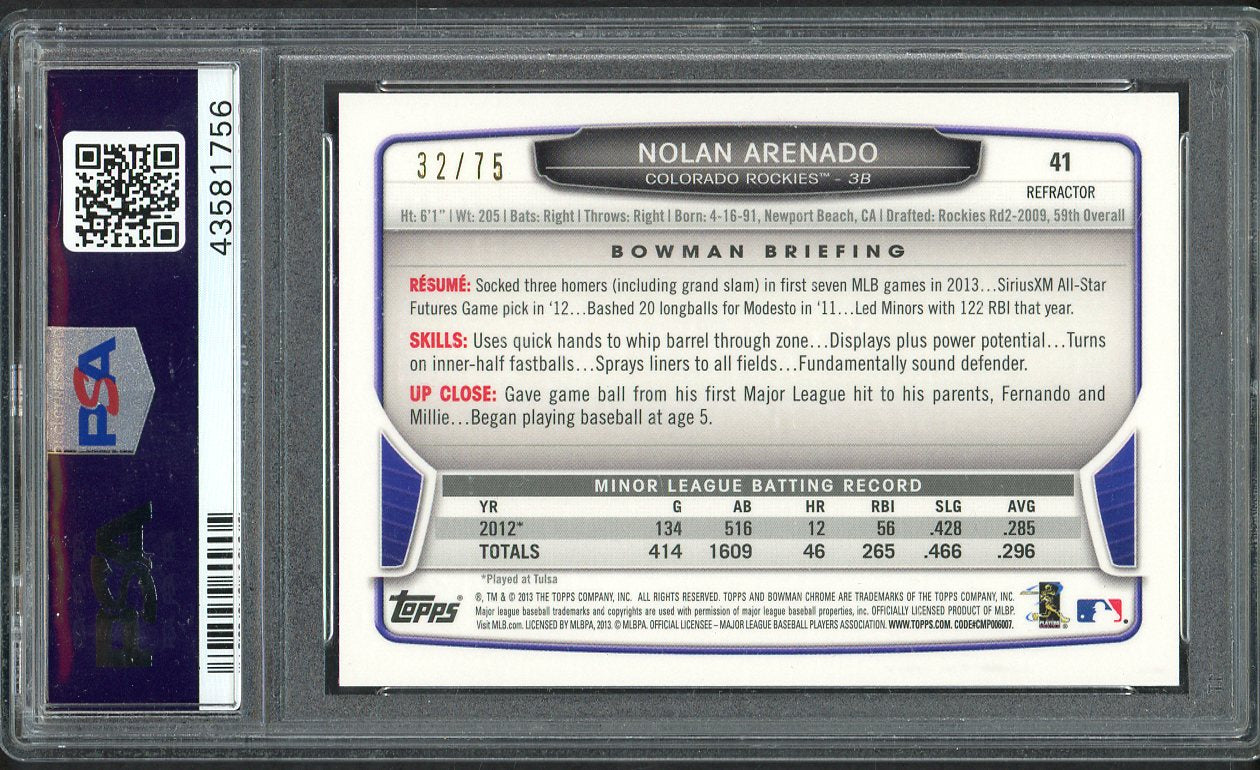 2013 Bowman Chrome Refractor #041 Nolan Arenado Rockies PSA 9 MINT Green 554405