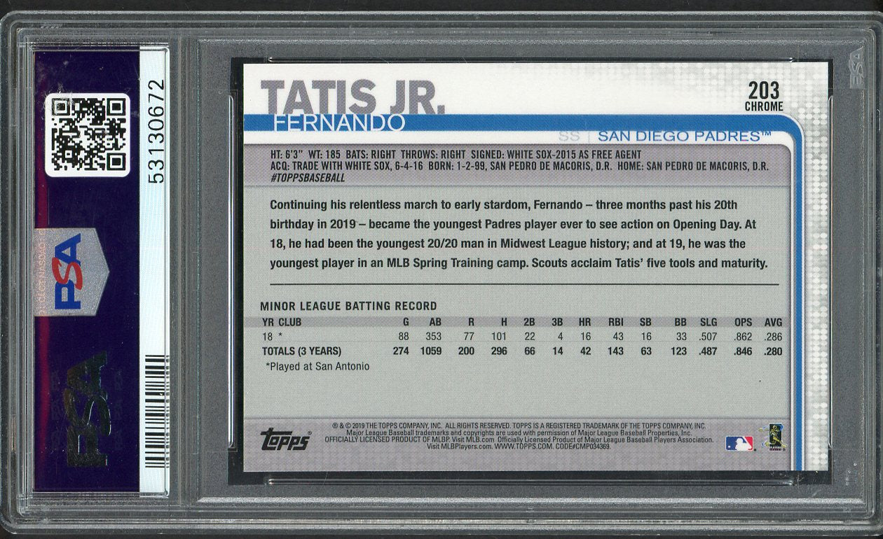 2019 Topps Chrome Prism #203 Fernando Tatis Jr Padres PSA 10 GEM MINT Refractor 554418