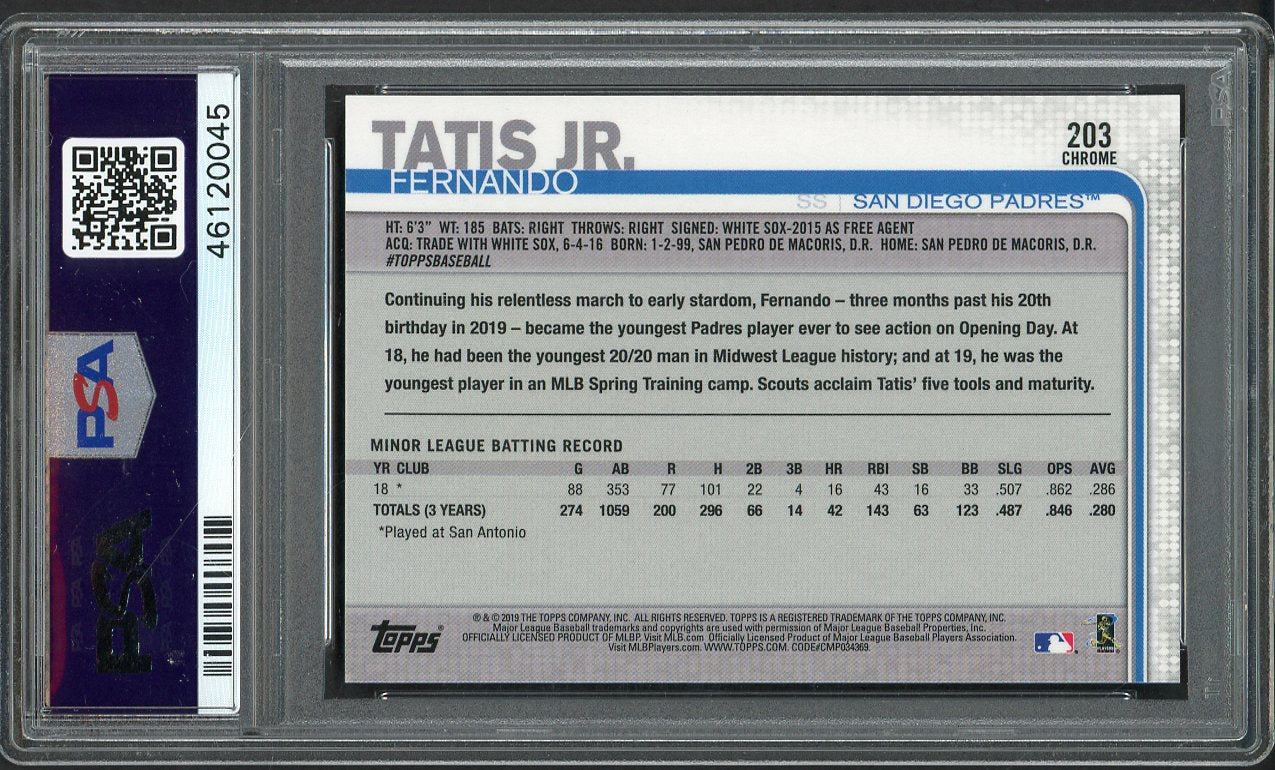 2019 Topps Chrome #203 Fernando Tatis Jr Padres PSA 10 GEM MINT Refractor 554427