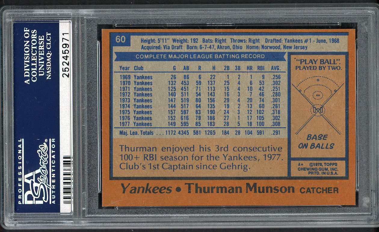 1978 Topps Baseball #060 Thurman Munson Yankees PSA 8 NM/MT 554434