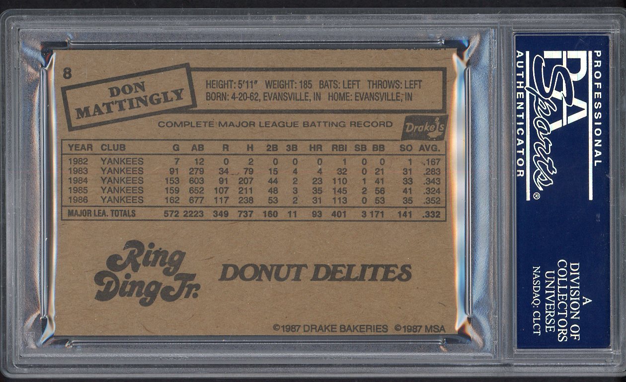 1987 Drakes #008 Don Mattingly Yankees PSA 9 MINT 554438