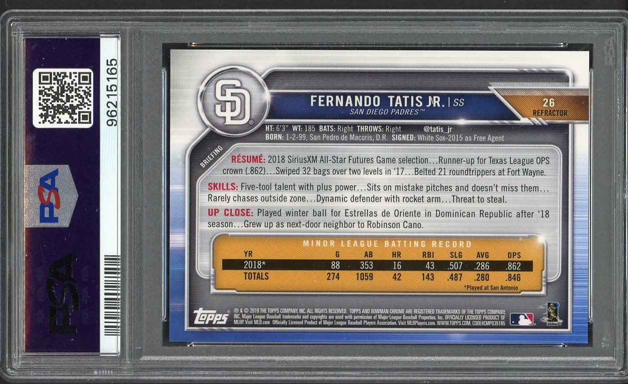 2019 Bowman Chrome Refractor #026 Fernando Tatis Jr Padres PSA 10 GEM MINT 554450