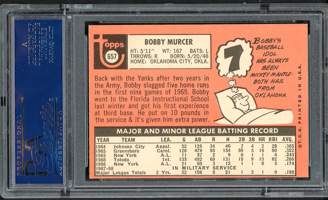 1969 Topps Baseball #657 Bobby Murcer Yankees PSA 7 NM st 554482