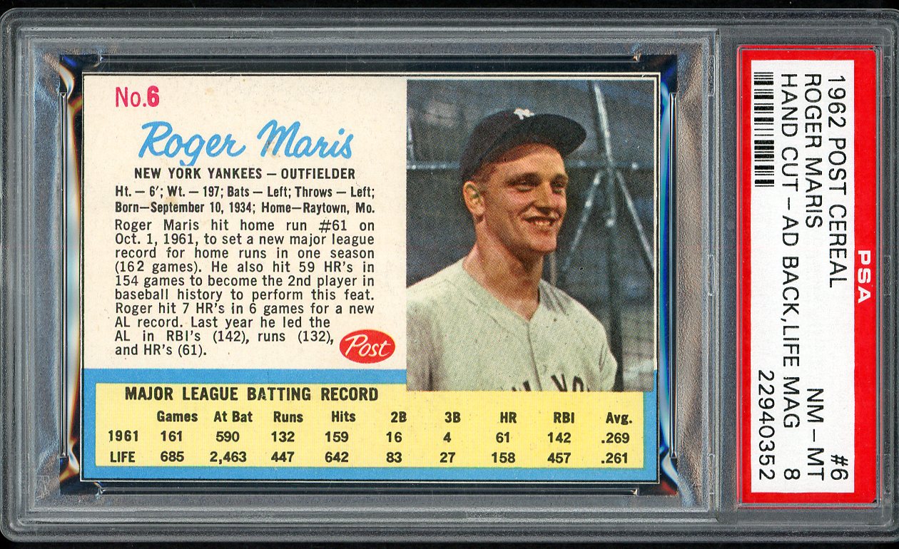 1962 Post Baseball #006 Roger Maris Yankees PSA 8 NM/MT 554486