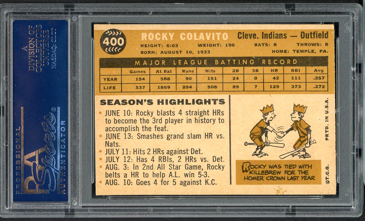 1960 Topps Baseball #400 Rocky Colavito Indians PSA 6 EX-MT 554496