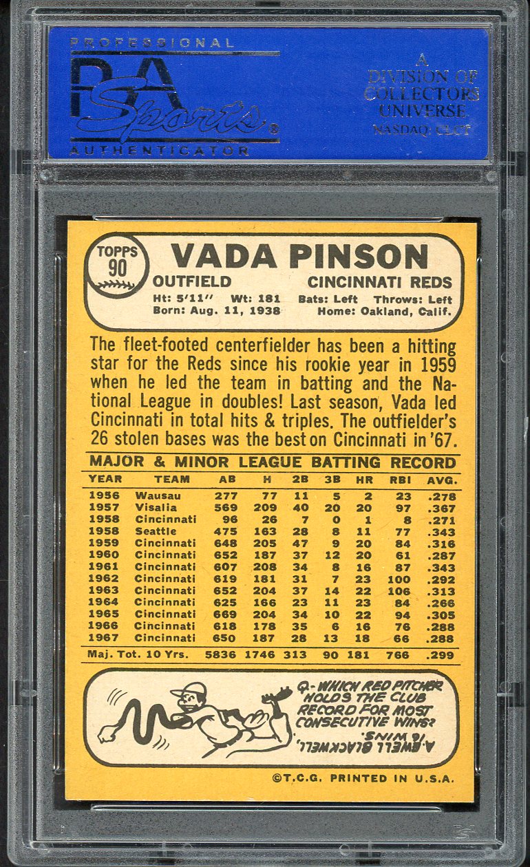 1968 Topps Baseball #090 Vada Pinson Reds PSA 9 MINT 554509
