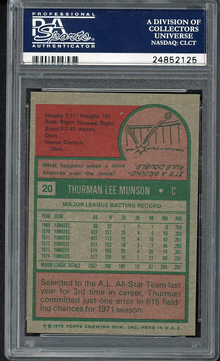 1975 Topps Baseball #020 Thurman Munson Yankees PSA 8 NM/MT 554521