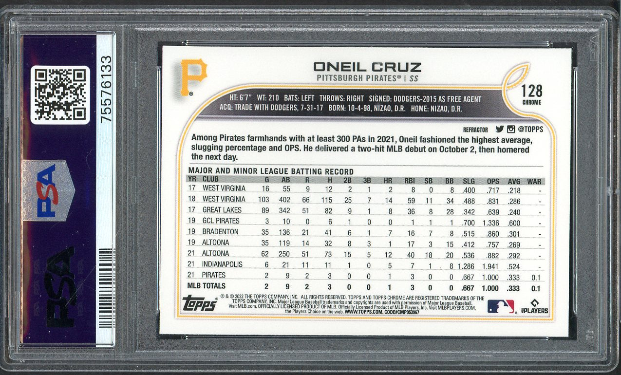 2022 Topps Chrome Refractor #128 Oneil Cruz Pirates PSA 10 GEM MINT 554583